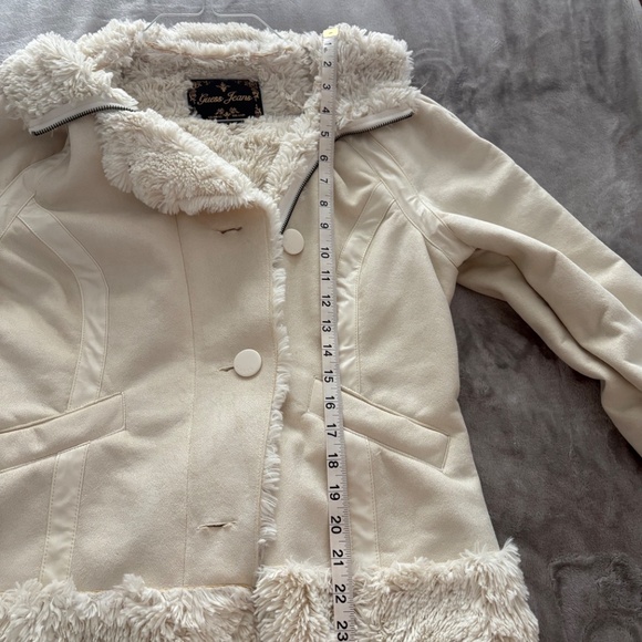 L GUESS Faux Suede Fur Lining ZIP JACKET HOODIE OFF WHITE CREAM soft warm winter - Picture 15 of 16